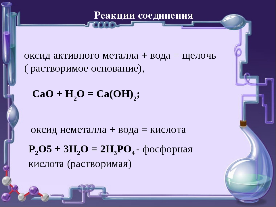 Взаимодействие химических веществ. Типы химических реакций на примере воды:а) реакции соединения. Оксид активного металла плюс вода. Оксид активного металла вода щелочь. Реакция соединения с водой.