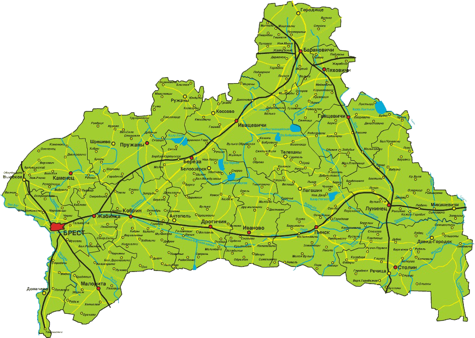 Город брест где находится в какой. Брестская область на карте Беларуси. Карта Брестской области подробная с деревнями. Карта Бреста и Брестской области. Карта автомобильных дорог Брестской области.